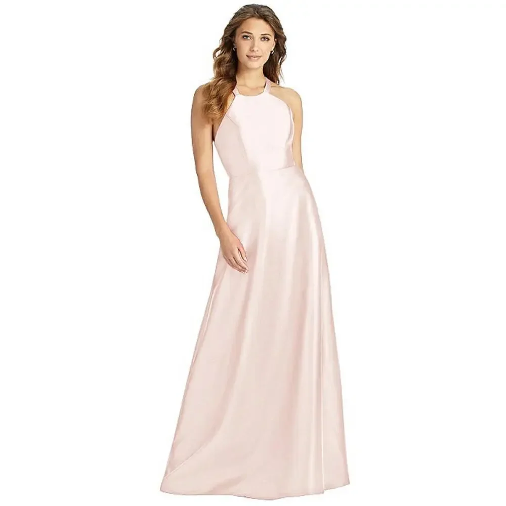 NWT Alfred Sung Lace-Up Back Satin Bridesmaid Gown in Blush Pink D763 - Picture 9 of 9